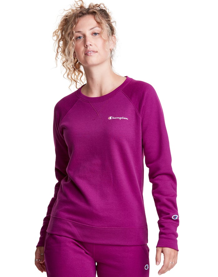 Champion Womens Sweatshirt NZ - Powerblend Fleece Classic Crew Script Logo Pink ( 9236-XPHLJ )